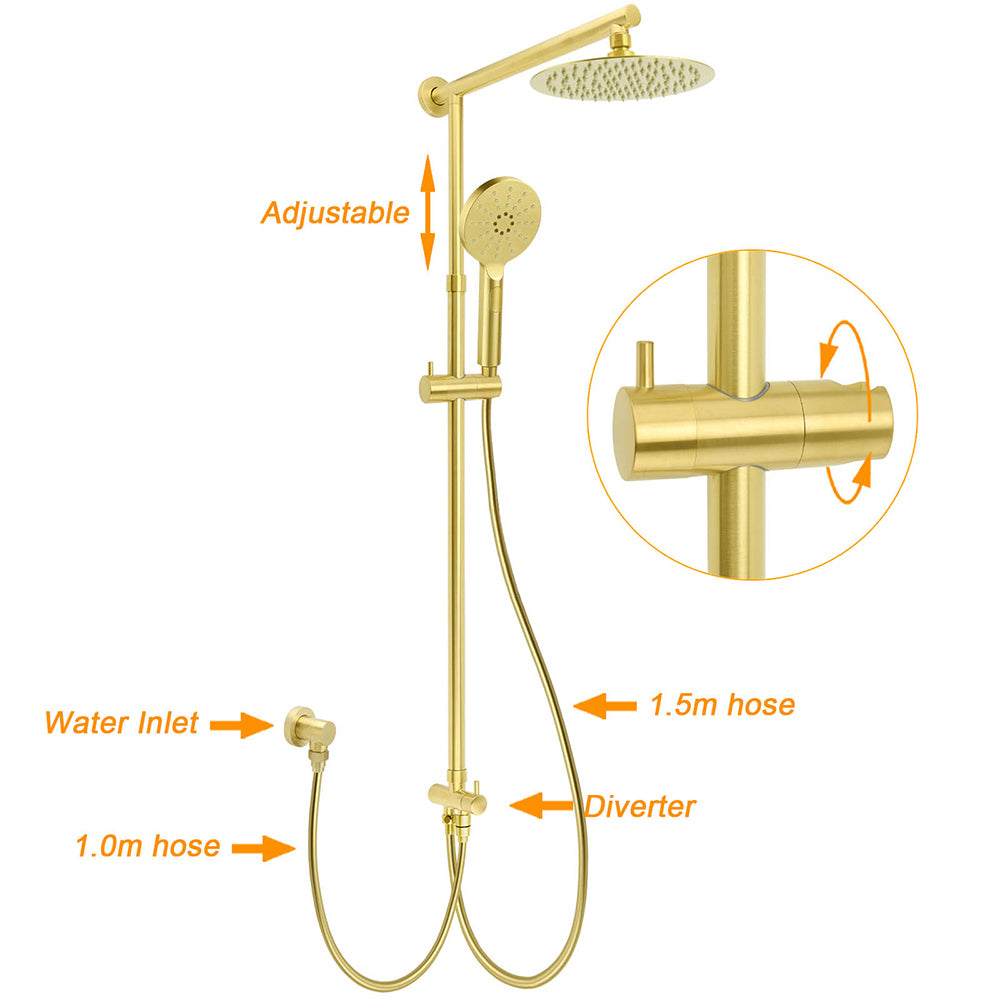 WELS Brushed Gold Dual Shower Set 8" Round Head 3 Mode Handheld Rose Sliding Rail Mixer Valve