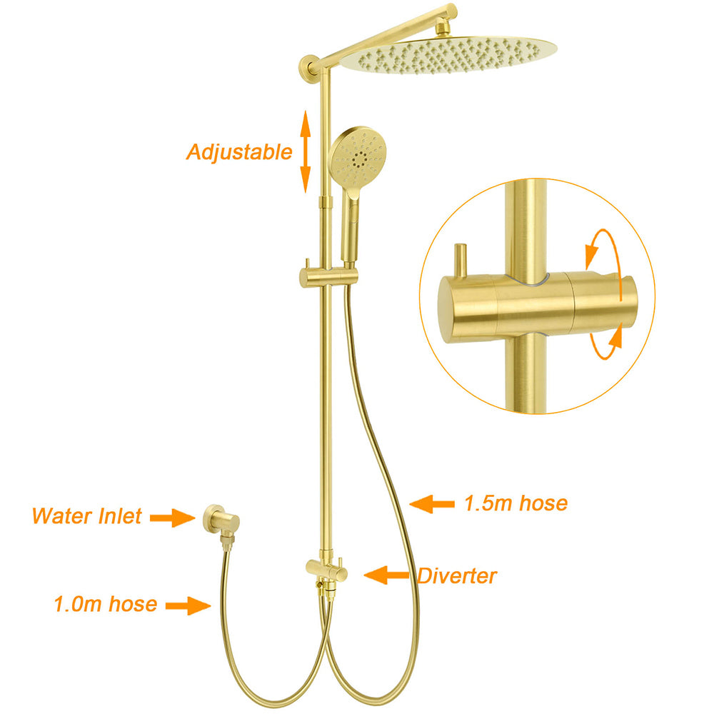 Brushed Gold Dual Round Shower 12" Top Head 3 Mode Handheld Sliding Rail Arm Mixer Valve