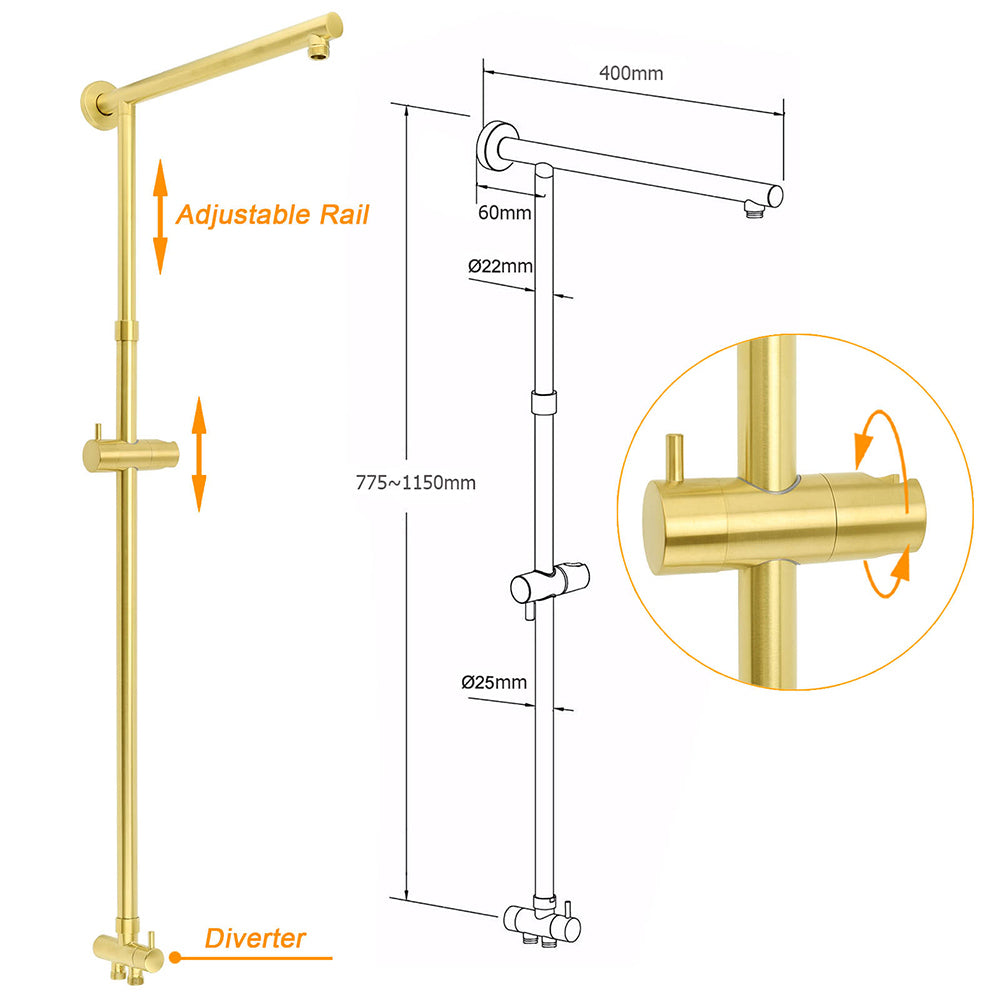 Brushed Gold Dual Round Shower 12" Top Head 3 Mode Handheld Sliding Rail Arm Mixer Valve