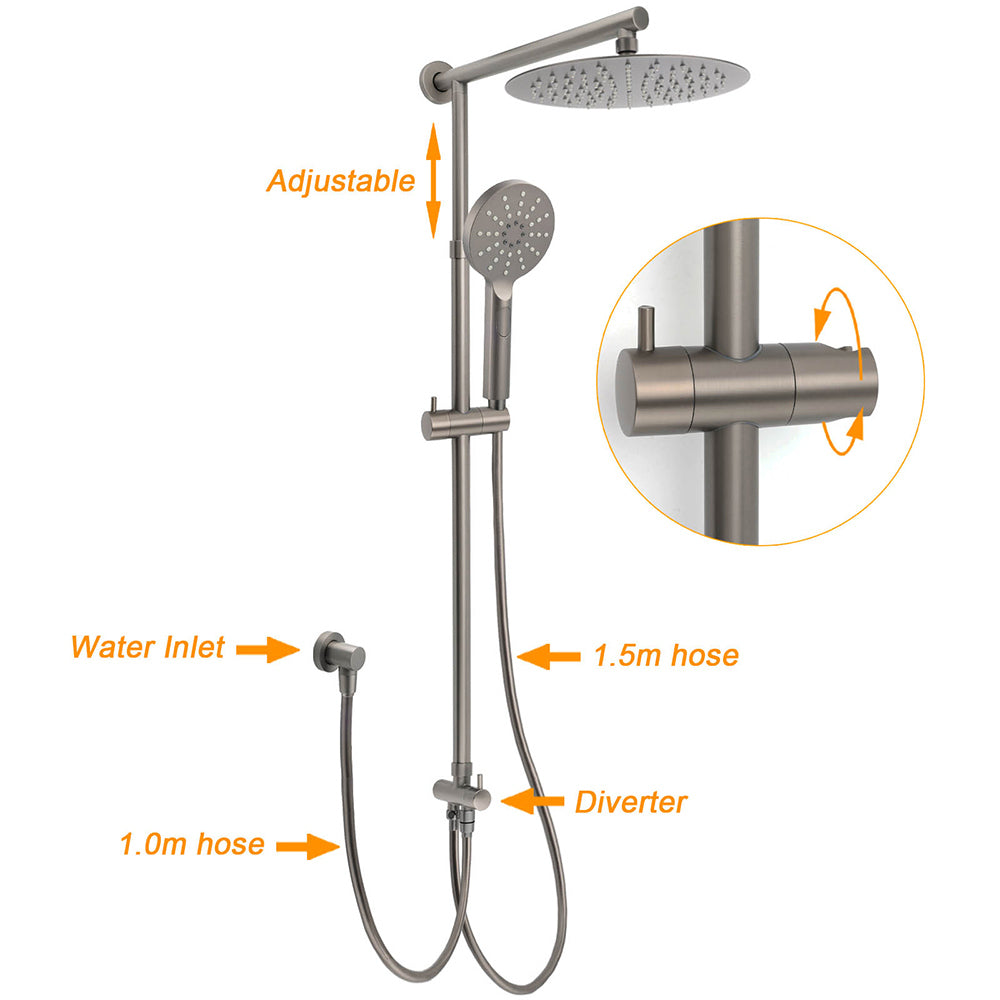 WELS Gun Metal Dual Round Shower Head 10" Rain Head 3 Mode Handheld Sliding Rail Diverter Set