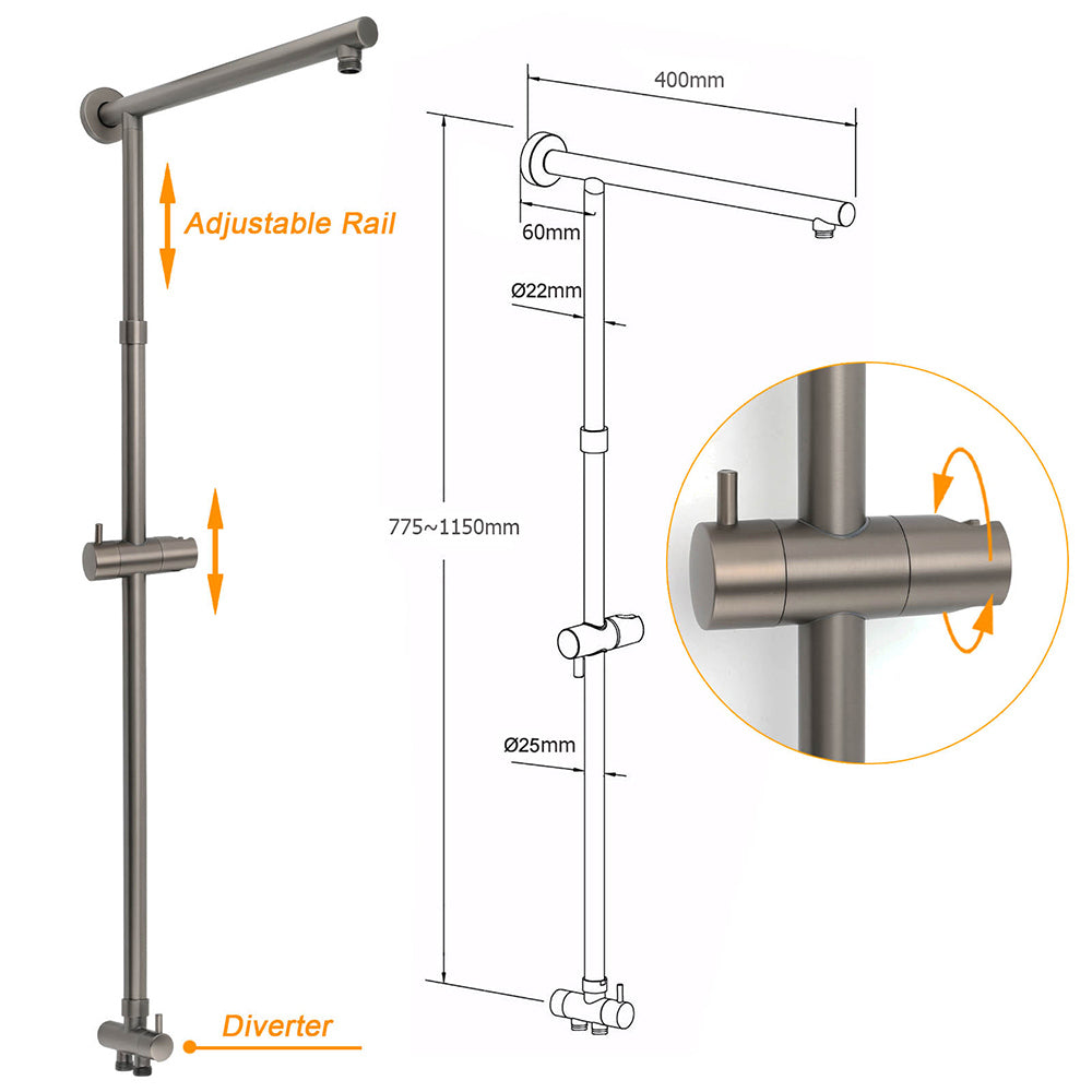 WELS Gun Metal 2in1 Shower Set Square 12" Rainfall Head Handheld Adjustable Silde Rail Combo