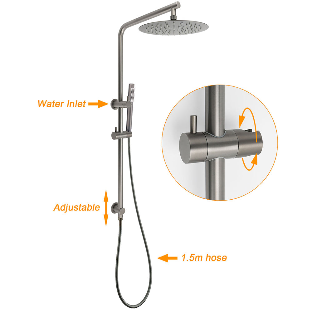 WELS Gun Metal 2in1 Round Shower 10" Rain Head Single Mode Handheld Sliding Rail Twin Taps Set