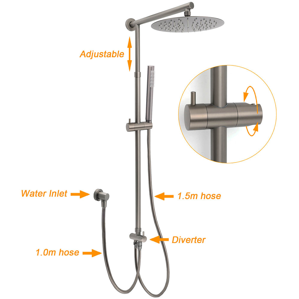 WELS Gun Metal Double Round Shower 10" Rain Head Metal Handheld Sliding Rail Mixer Valve Set