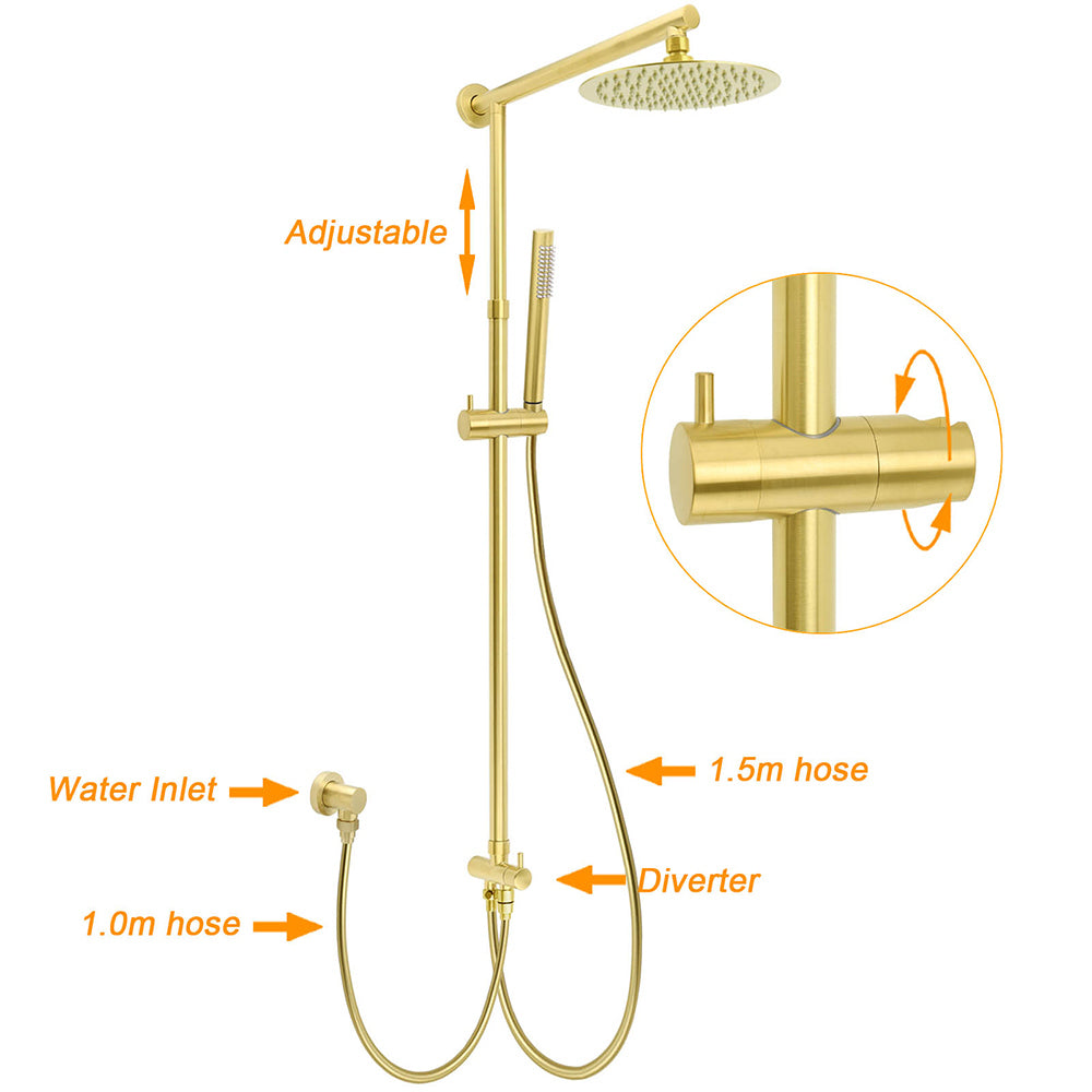WELS Brushed Gold 2in1 Shower 8" Round Head Set Stainless Steel Handheld Rose Sliding Rail Twin Taps