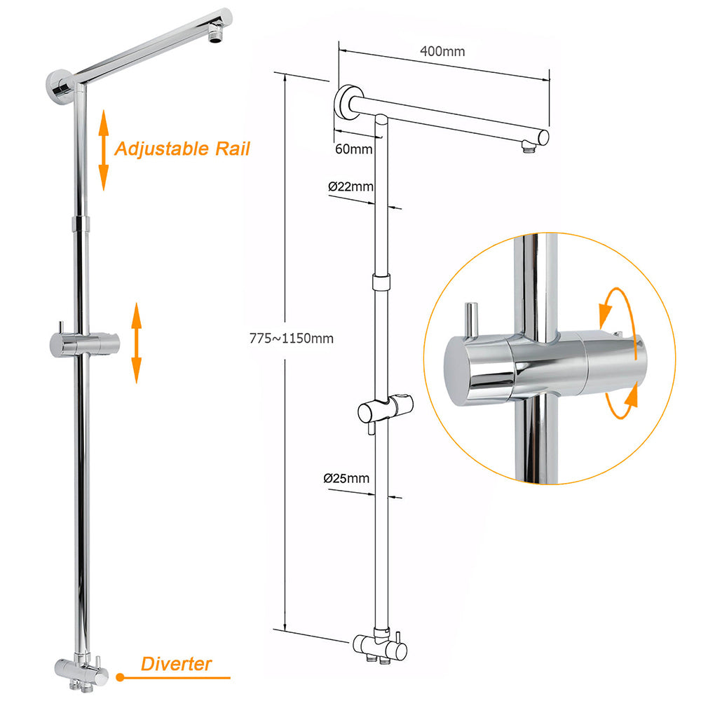 WELS Round Large 12" Rain 2in1 Shower Head Stainless Steel Handheld Wall Rail Brass Twin Taps Set