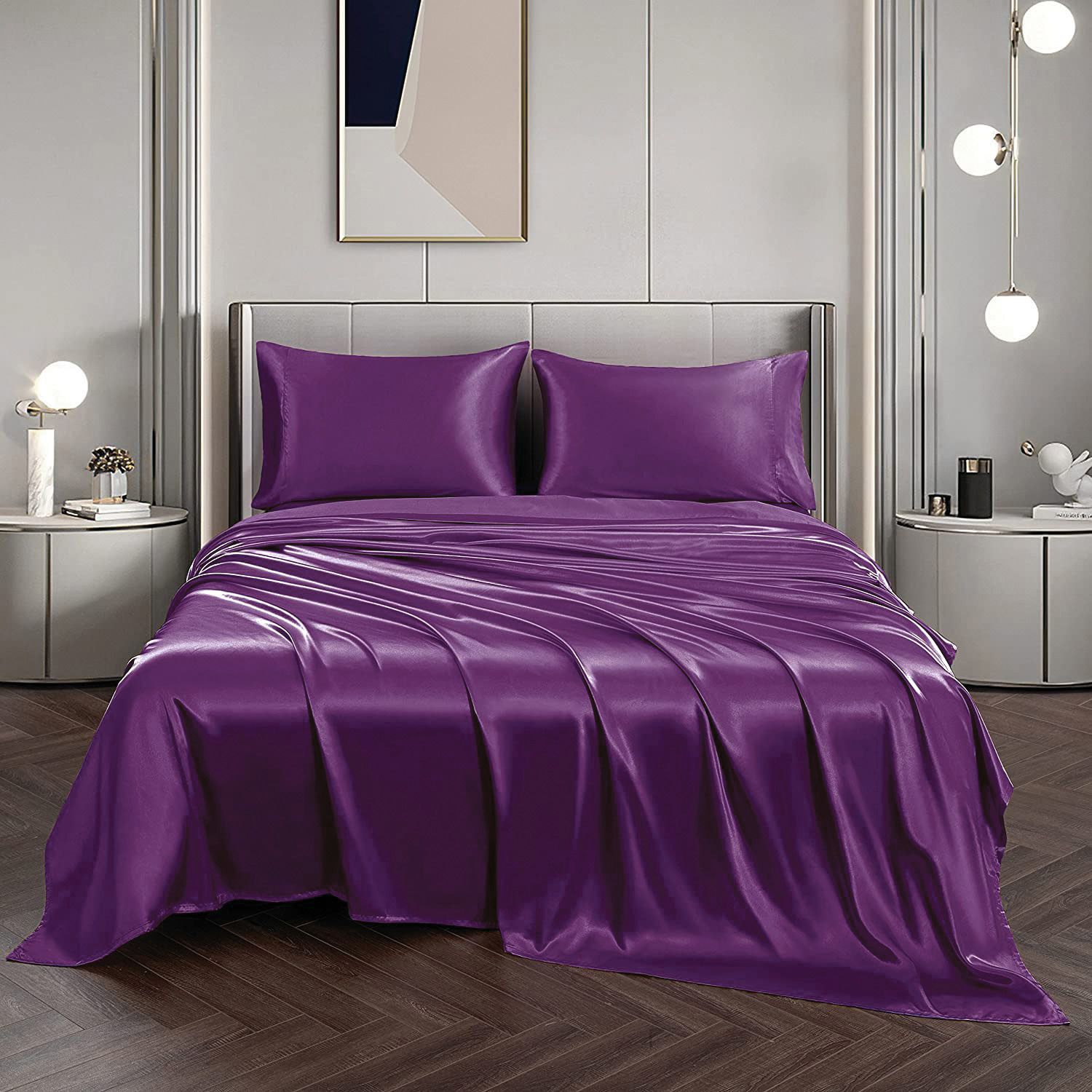 Art Silk Satin Sheet Set Hotel 4 Pieces Fitted/Flat Sheet Bedding Set-Luxury Soft Silky Sheets for Hair and Skin, Similar to Silk Bed Sheets Set 4 Pieces(King,Purple)