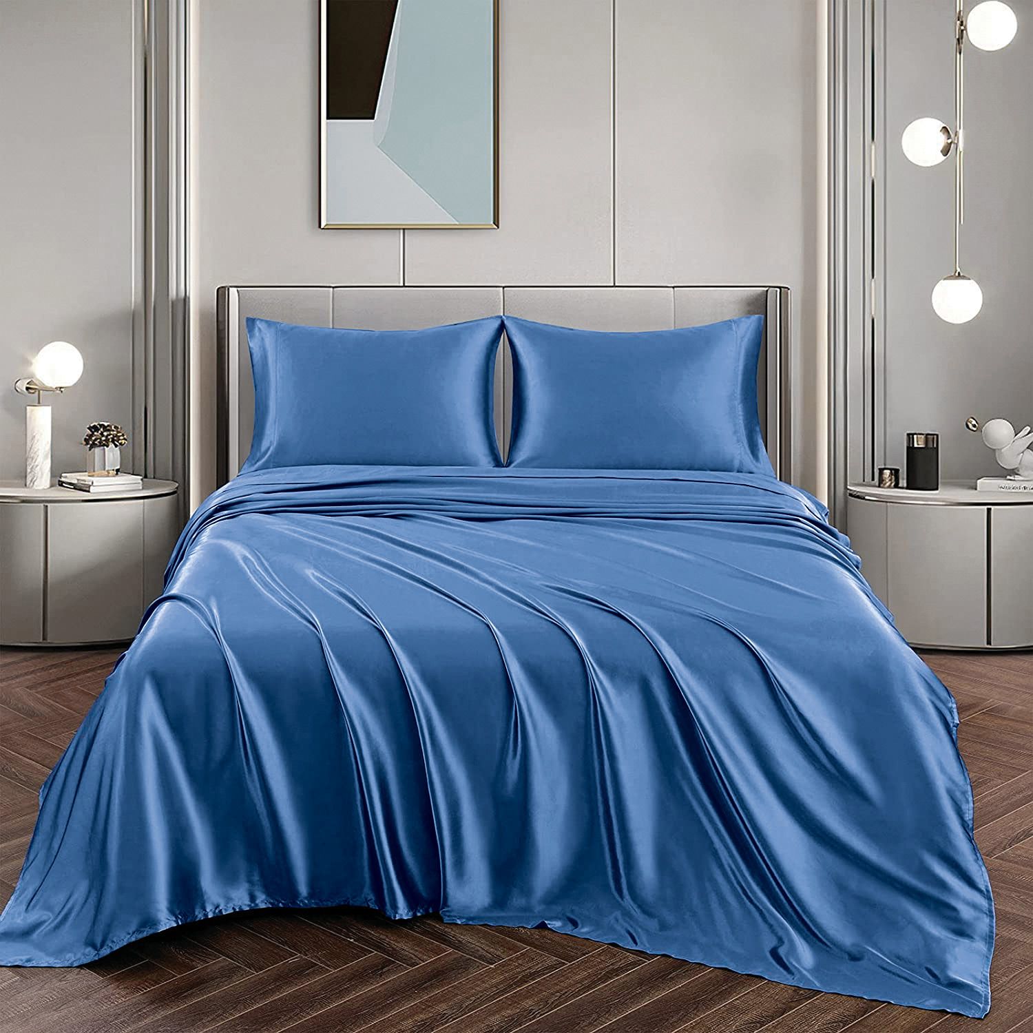 Art Silk Satin Sheet Set Hotel 4 Pieces Fitted/Flat Sheet Bedding Set-Luxury Soft Silky Sheets for Hair and Skin, Similar to Silk Bed Sheets Set 4 Pieces(Queen,Ocean)