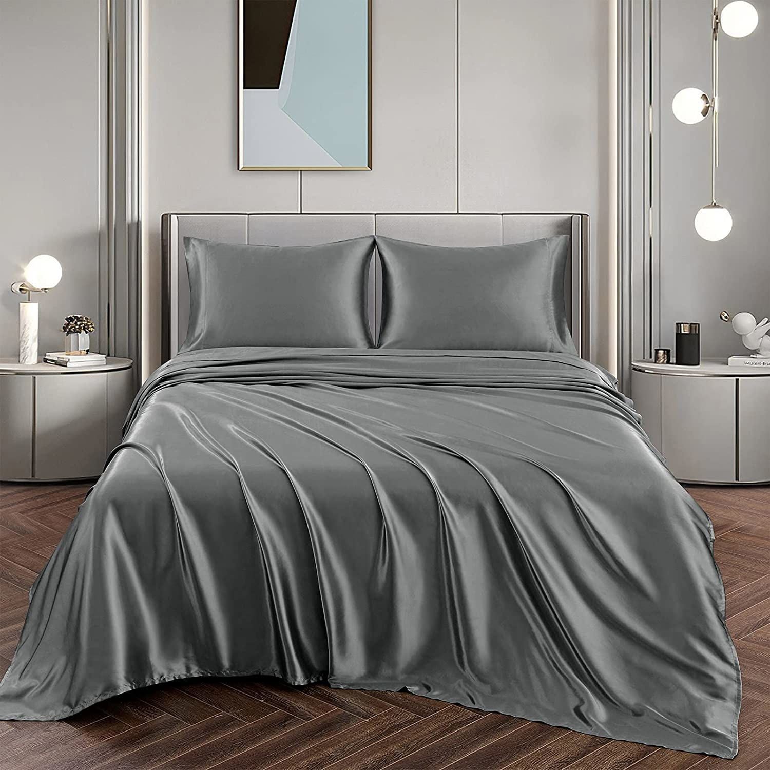 Art Silk Satin Sheet Set Hotel 4 Pieces Fitted/Flat Sheet Bedding Set-Luxury Soft Silky Sheets for Hair and Skin, Similar to Silk Bed Sheets Set 4 Pieces(Queen,Grey)