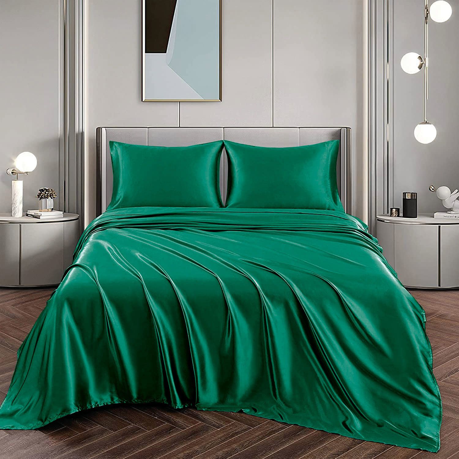 Art Silk Satin Sheet Set Hotel 4 Pieces Fitted/Flat Sheet Bedding Set-Luxury Soft Silky Sheets for Hair and Skin, Similar to Silk Bed Sheets Set 4 Pieces(Queen,Green)