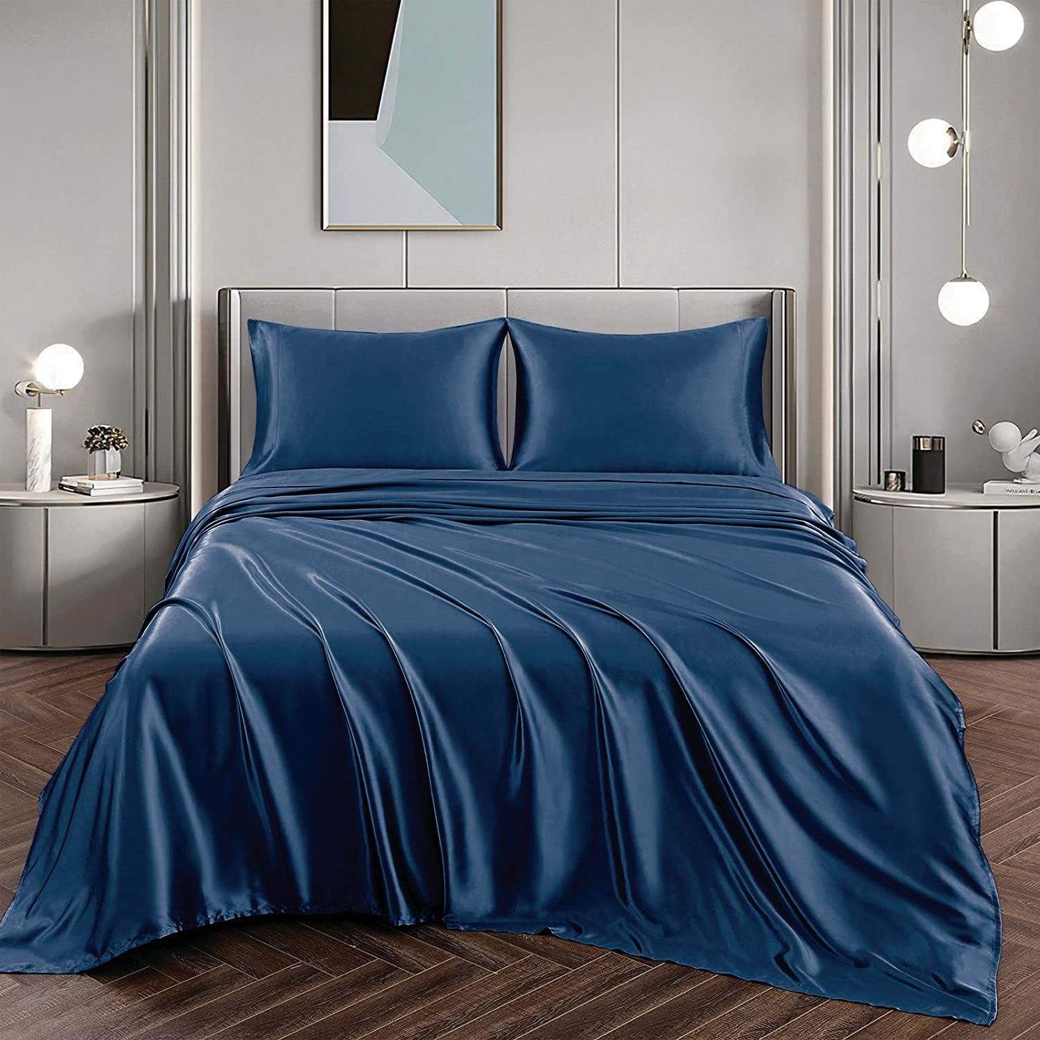 Art Silk Satin Sheet Set Hotel 4 Pieces Fitted/Flat Sheet Bedding Set-Luxury Soft Silky Sheets for Hair and Skin, Similar to Silk Bed Sheets Set 4 Pieces(Super King,Navy)