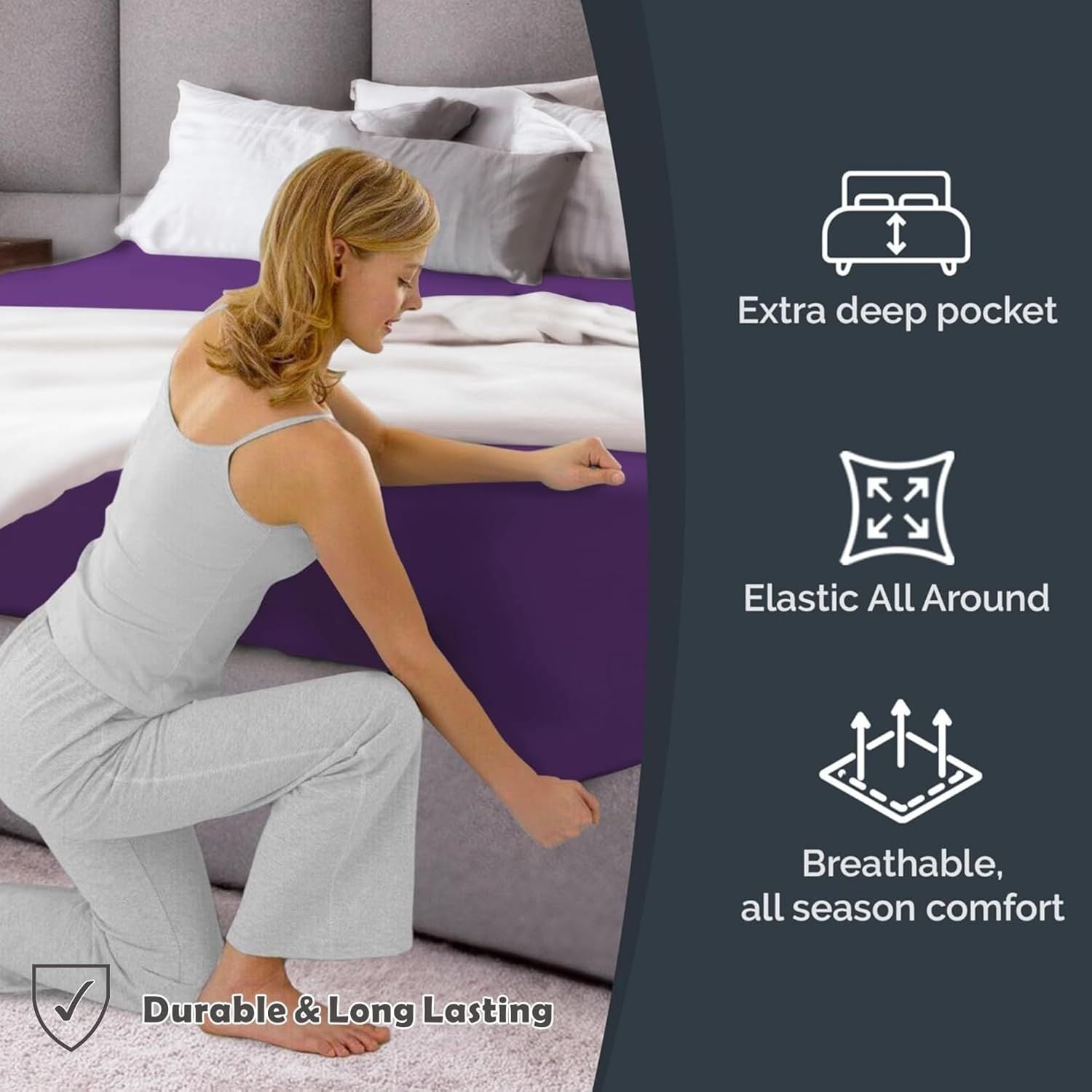 Hotel Quality Fitted Sheet - 1 Piece Fitted Sheet  -Breathable Bedding - Wrinkle, Fade, Stain Resistant- 16inch/40cm Deep Pocket Fitted Bed Sheet-Wrinkle and Fade Resistant,(Purple,King Single)