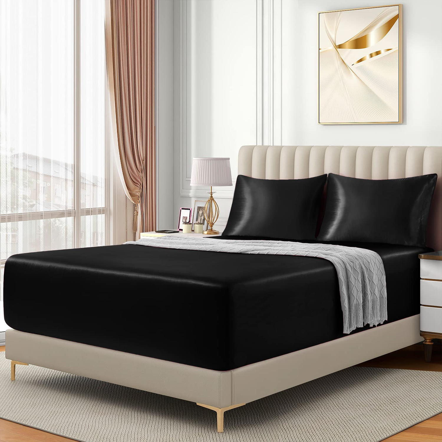 Satin Fitted Sheet Set Hotel 3 Pieces Fitted Sheet with Pillowcase, Art Silk Bedding Set-Luxury Soft Silky Sheets for Hair and Skin, Similar to Silk Fitted Sheets Set 3 Pieces(Double,Black)