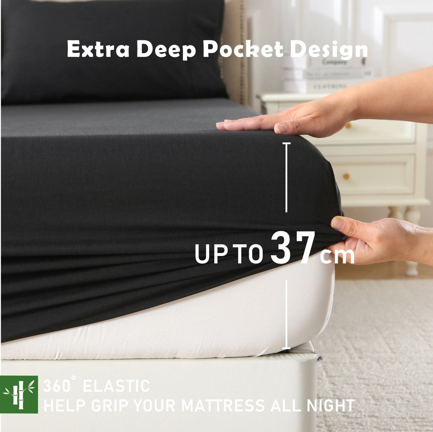 3 Piece Hotel Bamboo Cooling Fitted Sheet Set & Pillowcase -Ultra Soft 2000TC Breathable Fitted Bed Sheets Set with 37 Centimetre Deep Pocket-Cooling Sheets for Hot Sleepers(Black,Double)