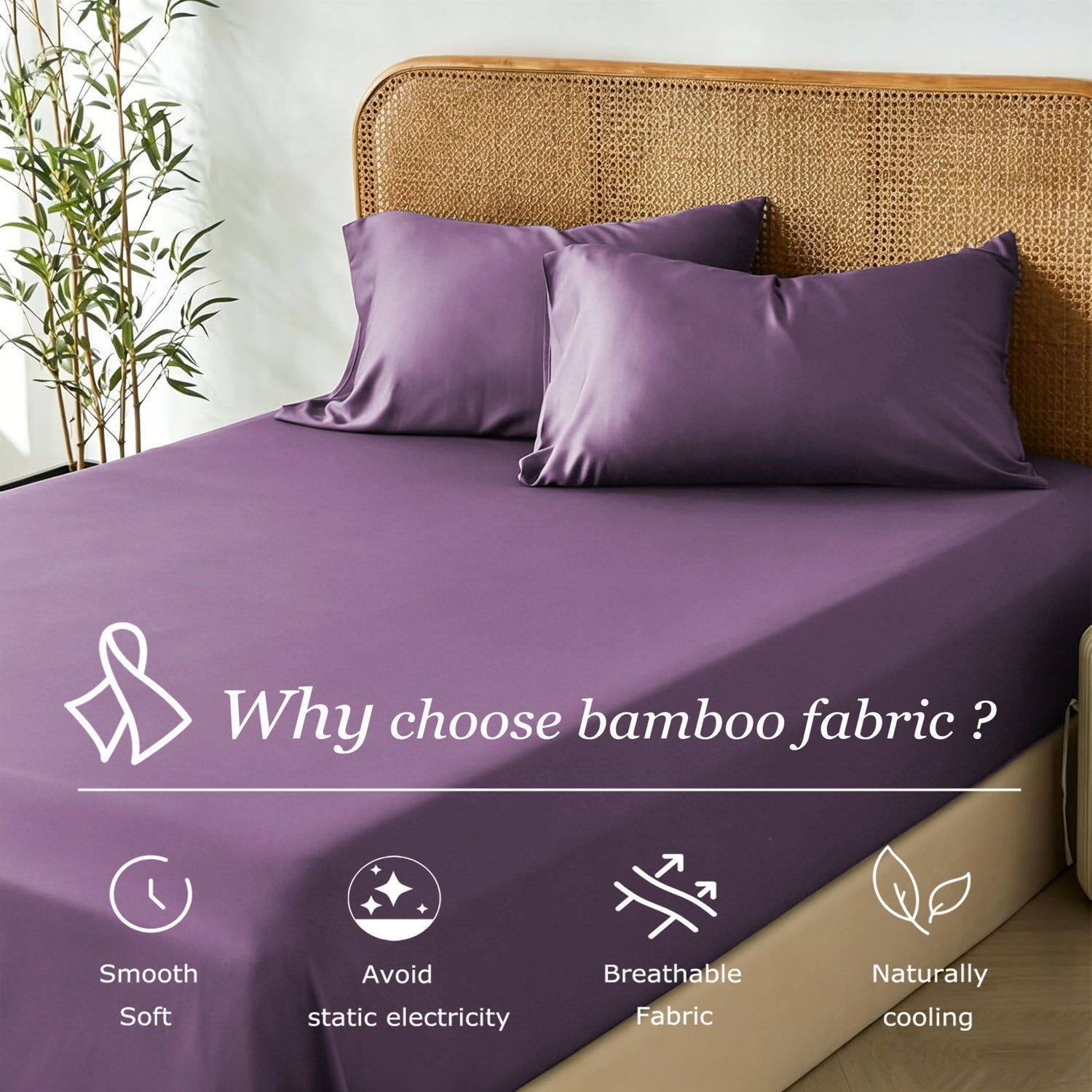 3 Piece Hotel Bamboo Cooling Fitted Sheet Set & Pillowcase -Ultra Soft 2000TC Breathable Fitted Bed Sheets Set with 37 Centimetre Deep Pocket-Cooling Sheets for Hot Sleepers(Purple,King)