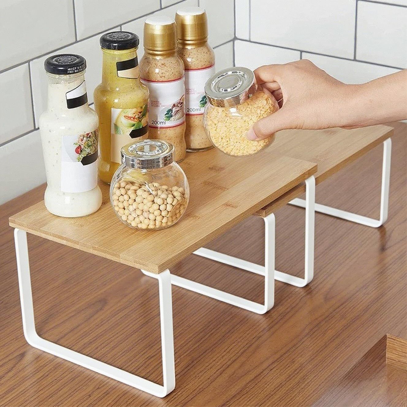 Kitchen Shelf Organizer – 2-Tier Expandable & Stackable Countertop Spice Storage Rack, White Metal Frame Pantry Cabinet Organizer for Dishes, Spices, Mugs, 4 Packs
