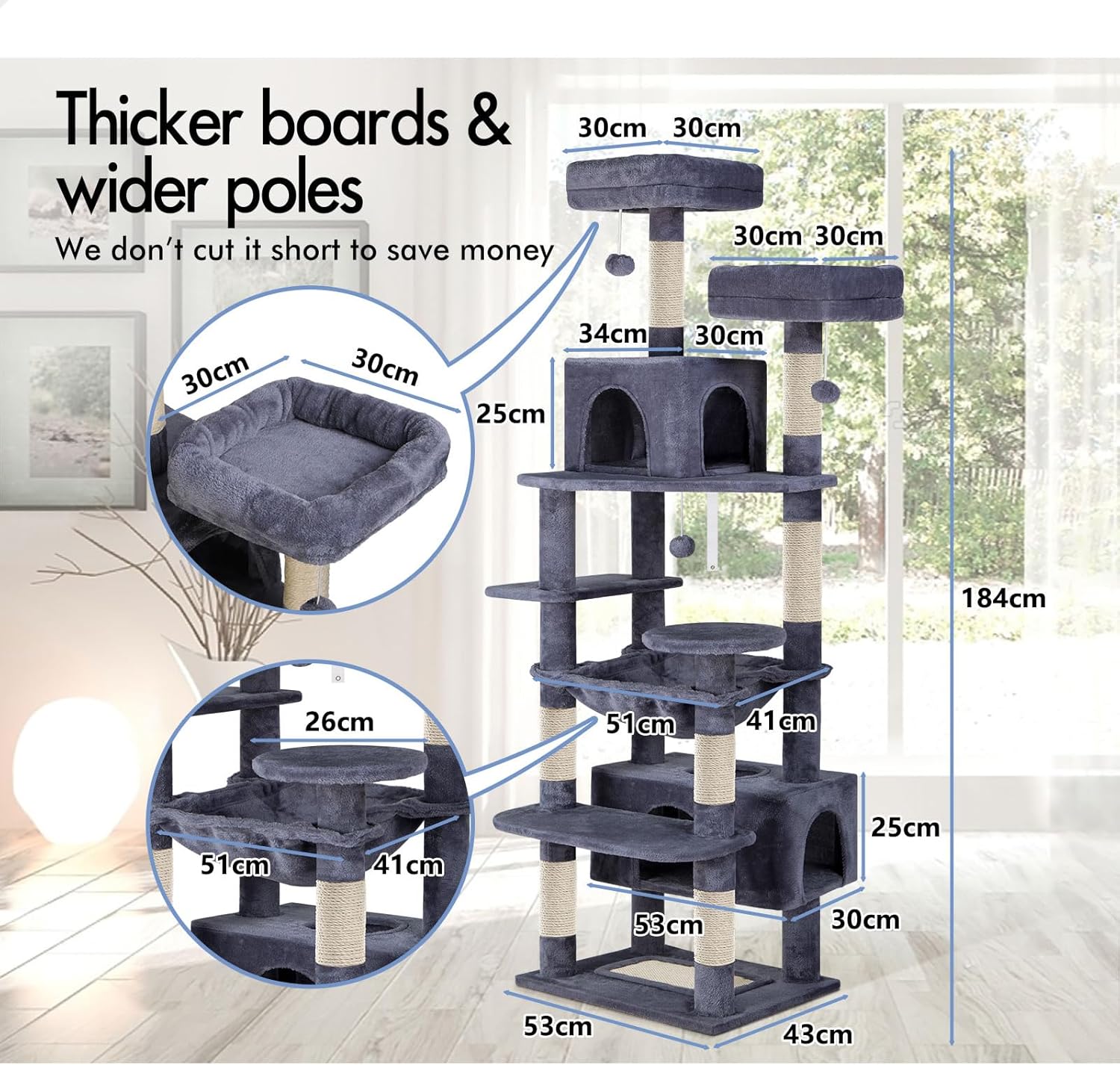 CARLA HOME 180cm Cat Tree Tower for Indoor Cats with Plush Perches, Dual Condos, Natural Sisal Scratching Posts & Ramps for Kittens & Adult Cats (Grey)