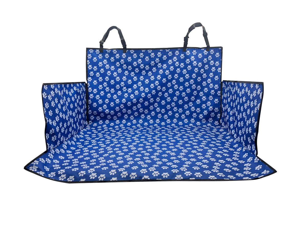 Blue car seat cover with white paw prints on a white background