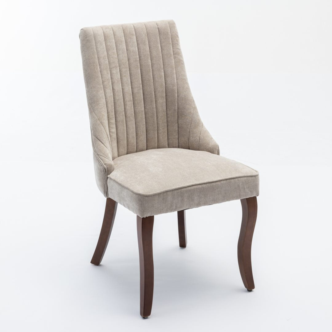 2x Fabric Channel Tufted Dining Chairs with Curved Wood Legs -Beige