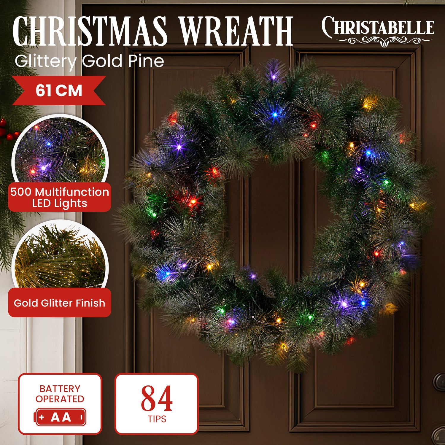 Christabelle 61cm Battery-operated Christmas Wreath Glittery Gold Pine