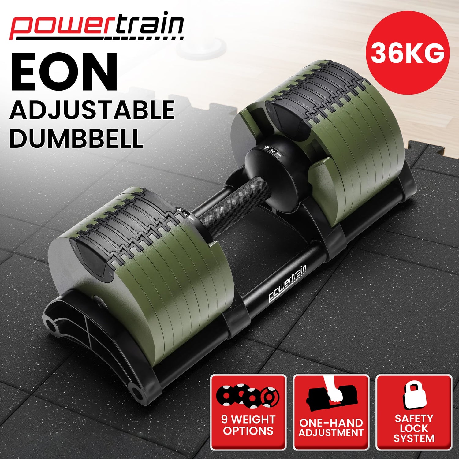 Powertrain Eon Dial-Up 36KG Adjustable Dumbbell - Green