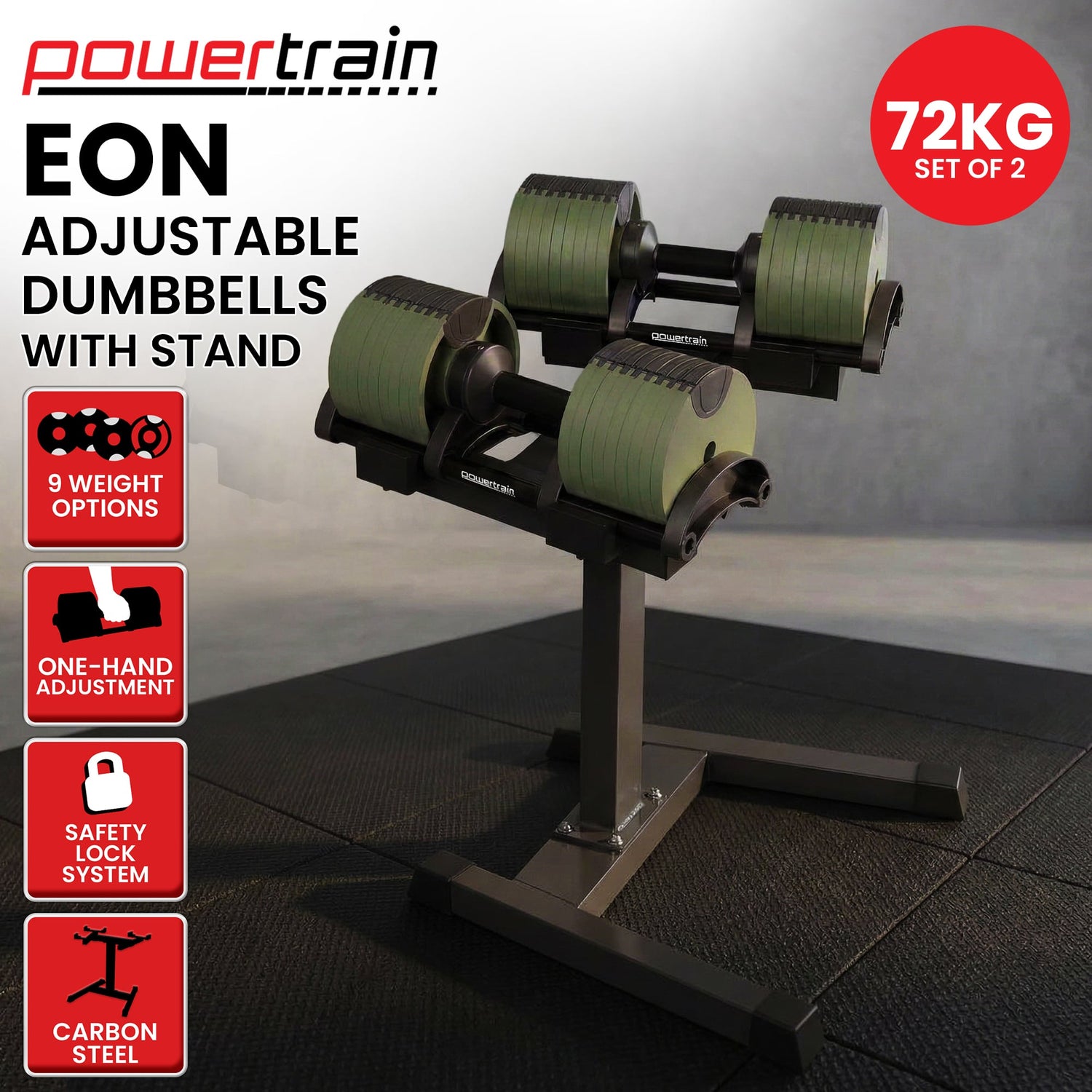 Powertrain Eon Dial-Up 72KG Adjustable Dumbbells Pair with Stand  - Green