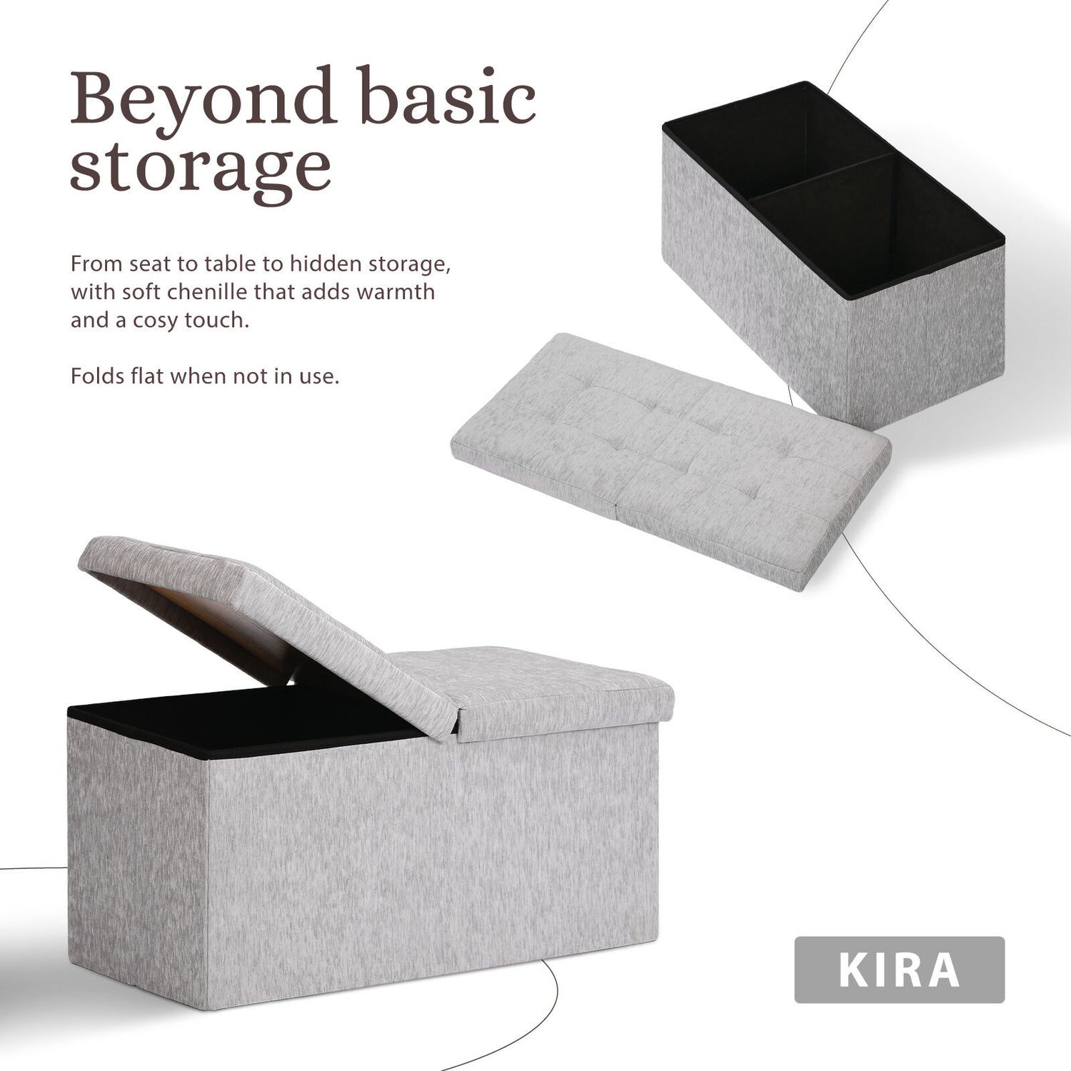 Foldable Storage Ottoman - Flip Lid Side Table Toy Blanket Organiser Seat KIRA GREY