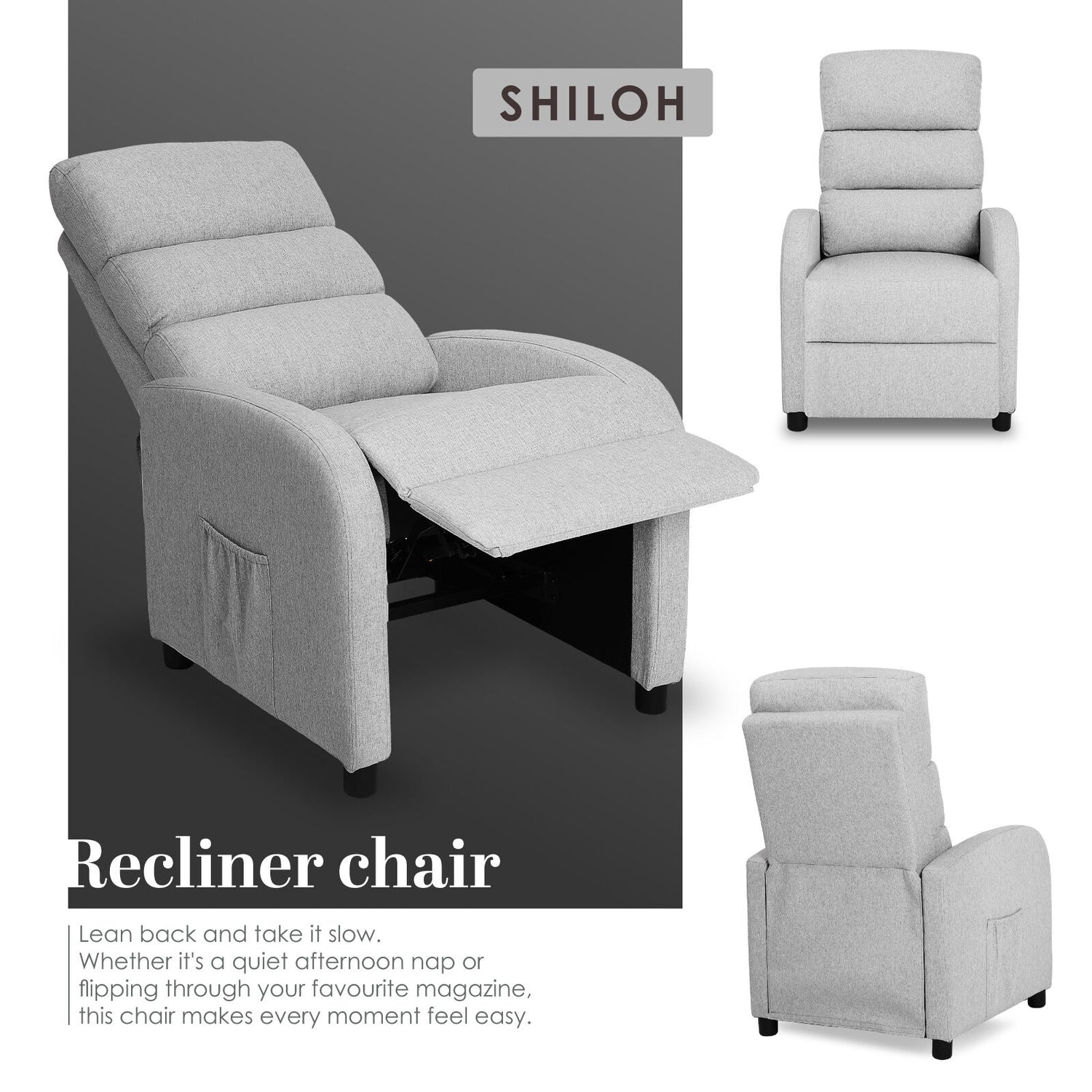 Home Recliner Chair - Linen Fabric Sofa Lounge Armchair SHILOH GREY