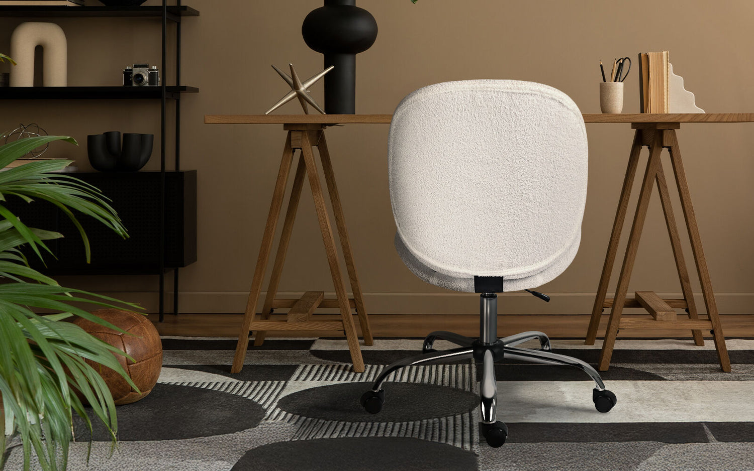Office Desk Chair - Teddy Boucle Armless Swivel Study Seat OVOID WHITE