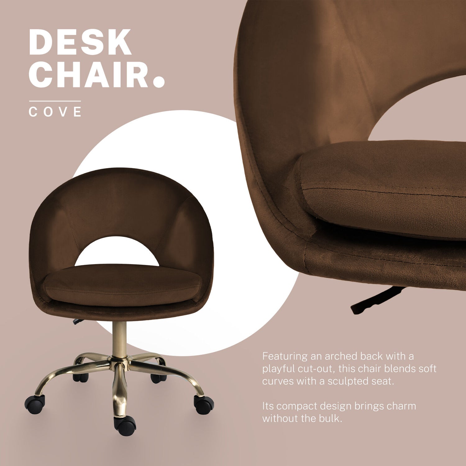 Office Desk Chair - Velvet Home Office Swivel Computer Seat COVE BROWN