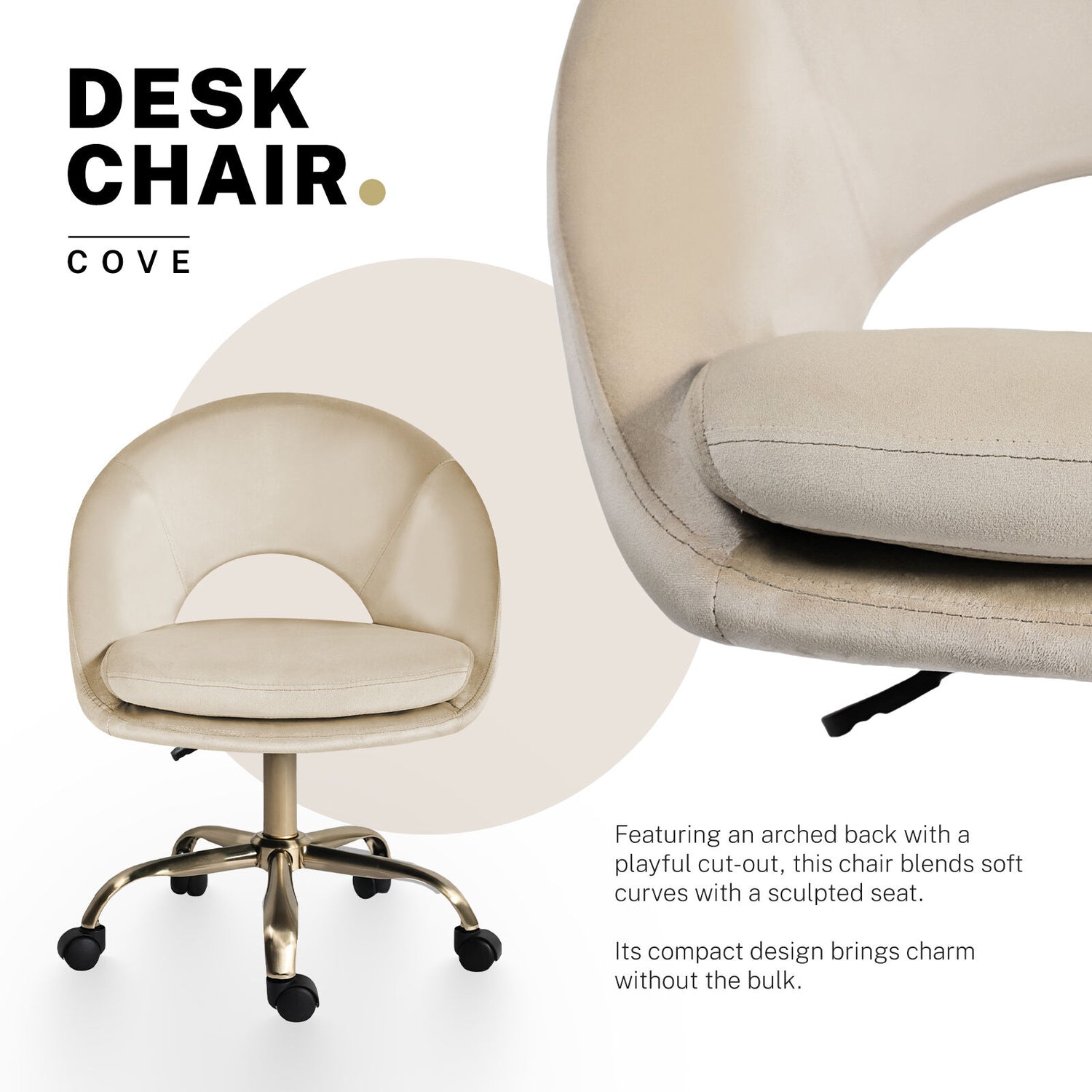 Office Desk Chair - Velvet Home Office Swivel Computer Seat COVE CREAM