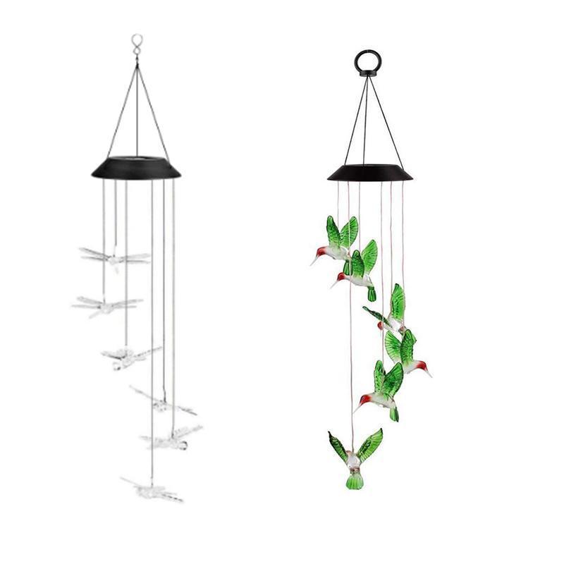 Wind Chimes Solar Powered Led Lights Changing Hanging Garden Yard Outdoor Decor - Hummingbird