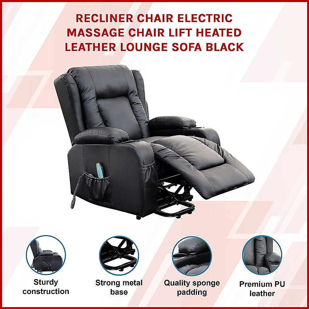 Recliner Chair – Electric Massage Lift Chair with Heat Function PU Leather Lounge Sofa Black