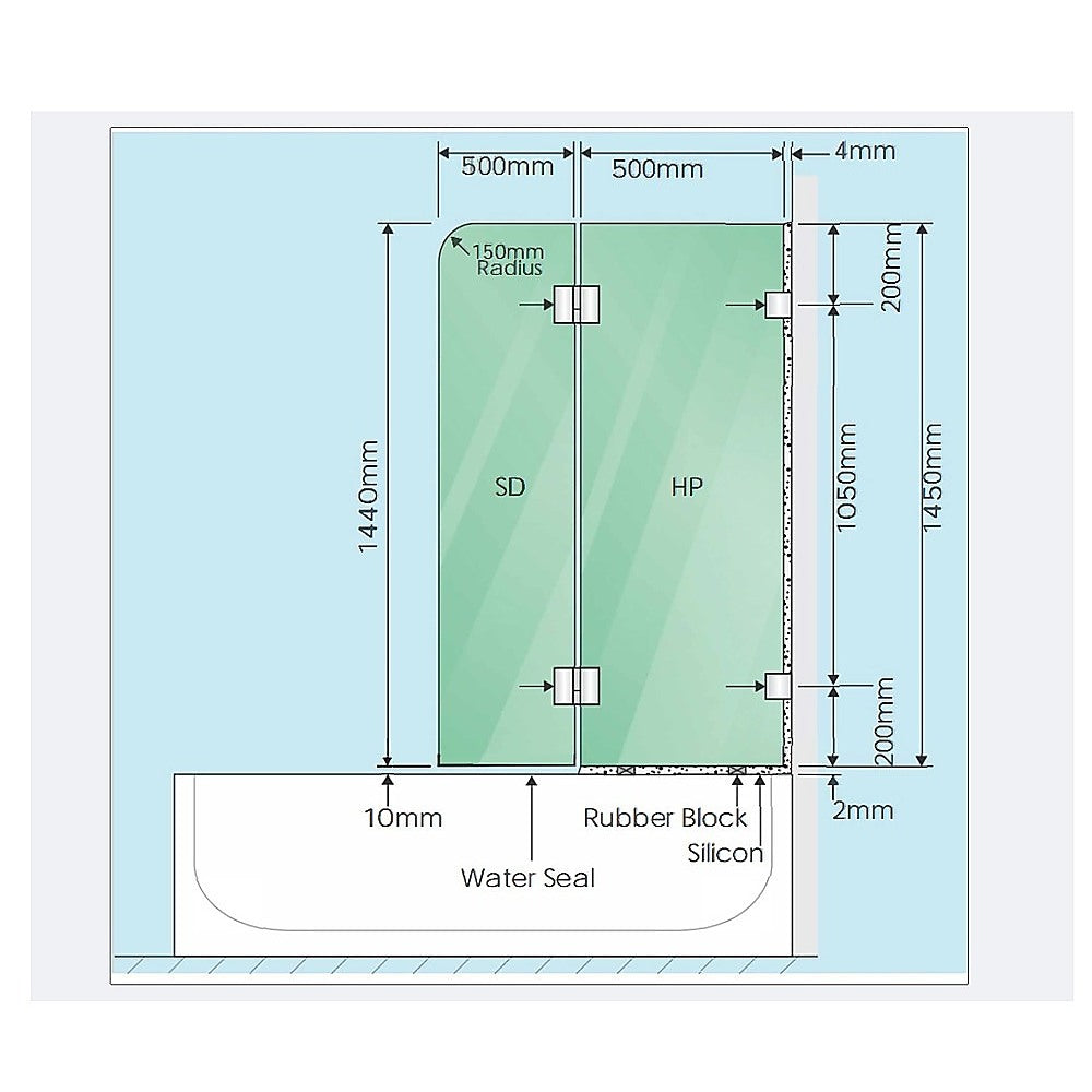100cm Frameless Glass Bath Screen – Wall Channel with Stainless Steel Hinges in White Finish