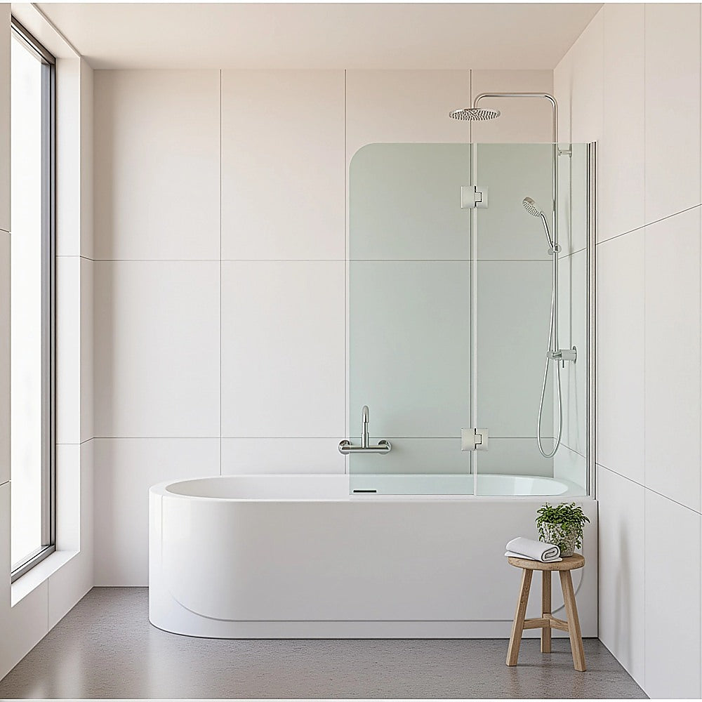 100cm Frameless Glass Bath Screen – Wall Channel with Stainless Steel Hinges in White Finish