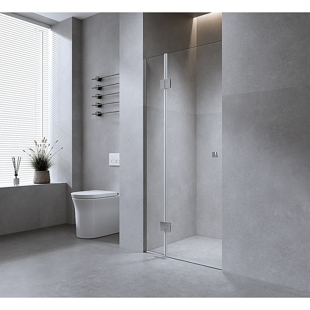 100cm Wall to Wall Frameless Shower Screen – Chrome Wall Channel and Floor Channel, SS Hinges & Square Knob Handle