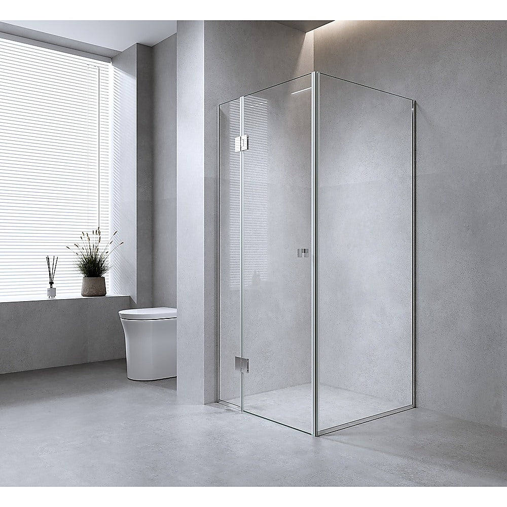 100x90cm Chrome Corner Frameless Shower Screen with Wall Channel Brackets, Stainless Steel Hinges & Square Knob Handle