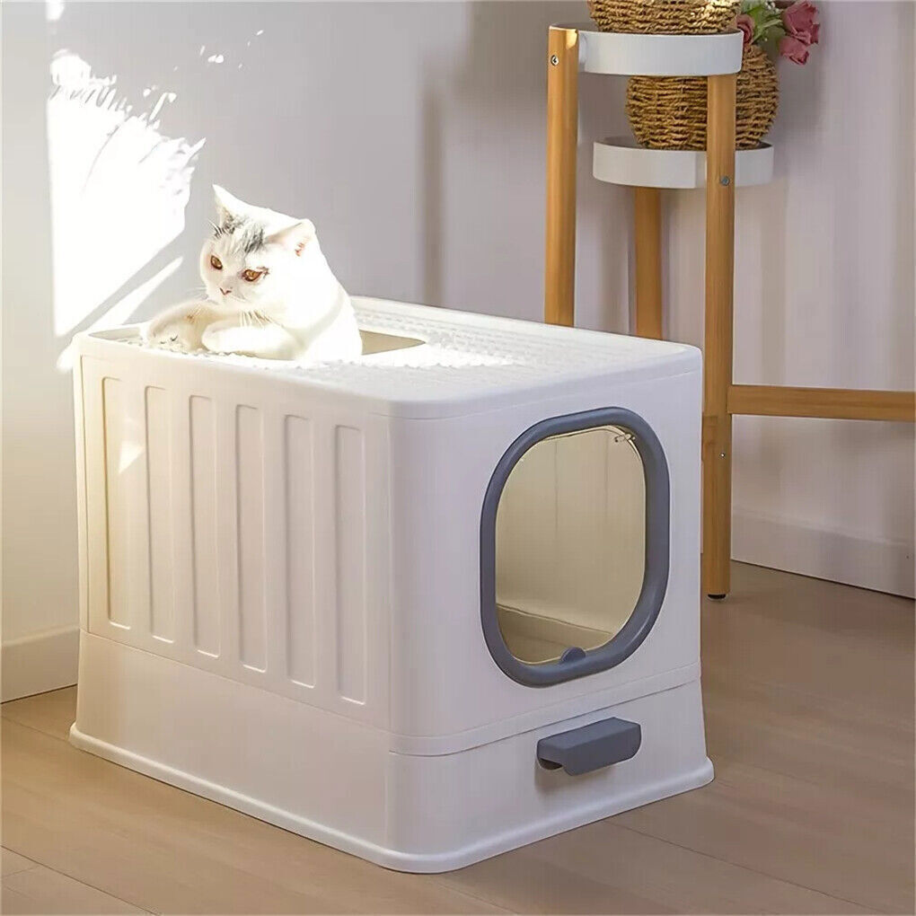 Big Top Entry Deep Tray Enclosed Kitty Cat Litter Box Easy To Clean Pull Handle