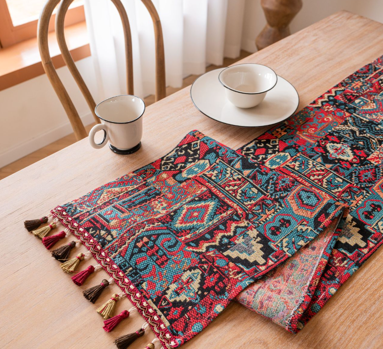 Vintage Jacquard 33-180cm Elegant Geometric Jacquard Table Runner with Tassels - Modern Dining & Coffee Table Decor