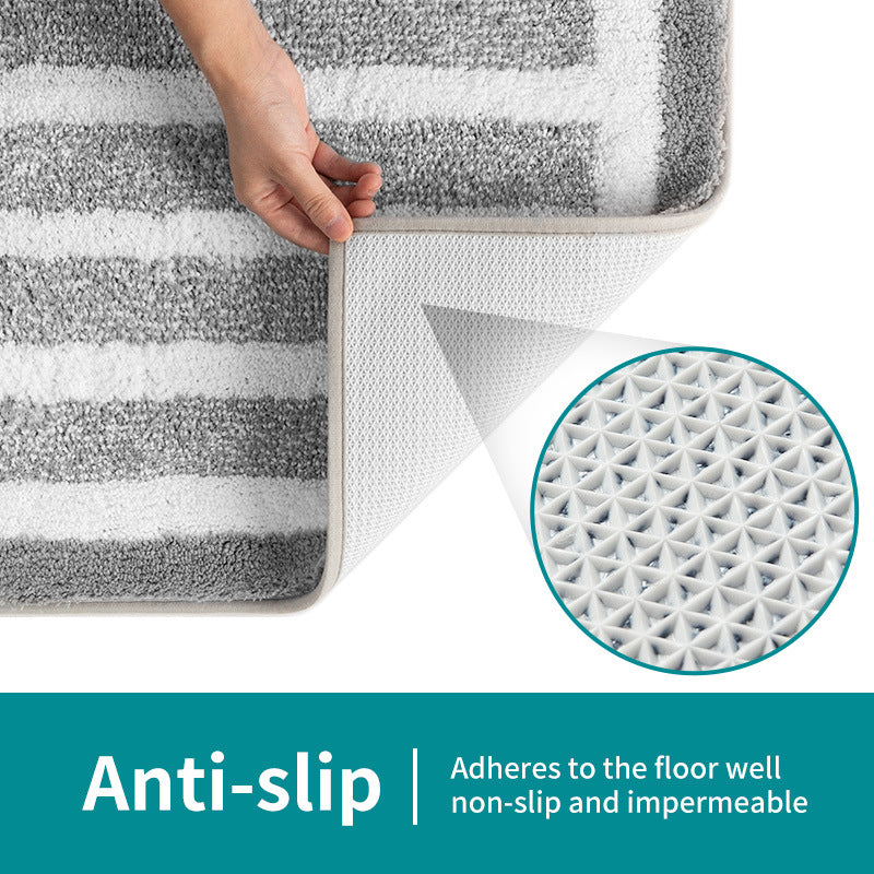 Grey Plush Striped Bath Mat - Ultra Soft, Absorbent & Non-Slip Bathroom Rug for Shower and Tub