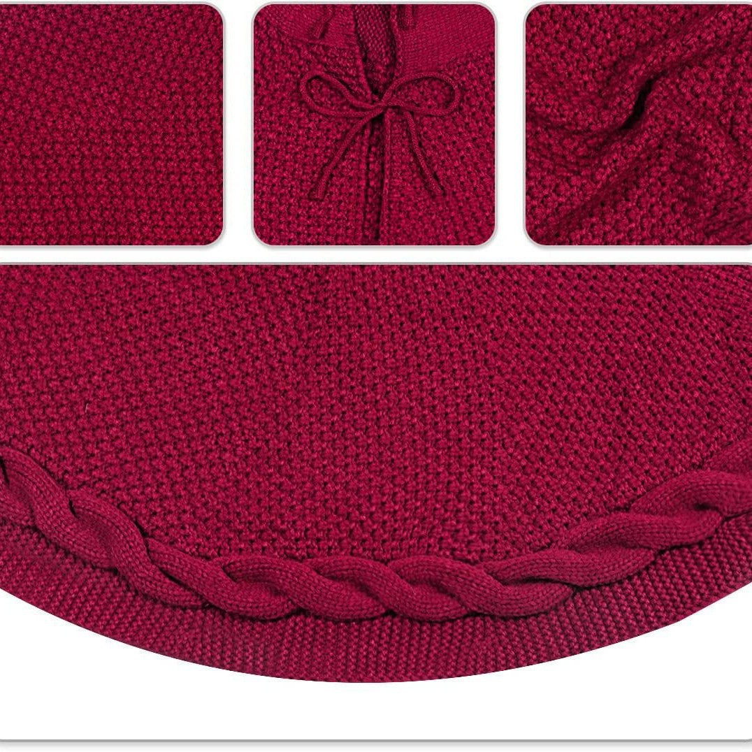 Red Luxury Knit Christmas Tree Skirt with Cable-Knit Border - Rustic Holiday Decor(62cm)
