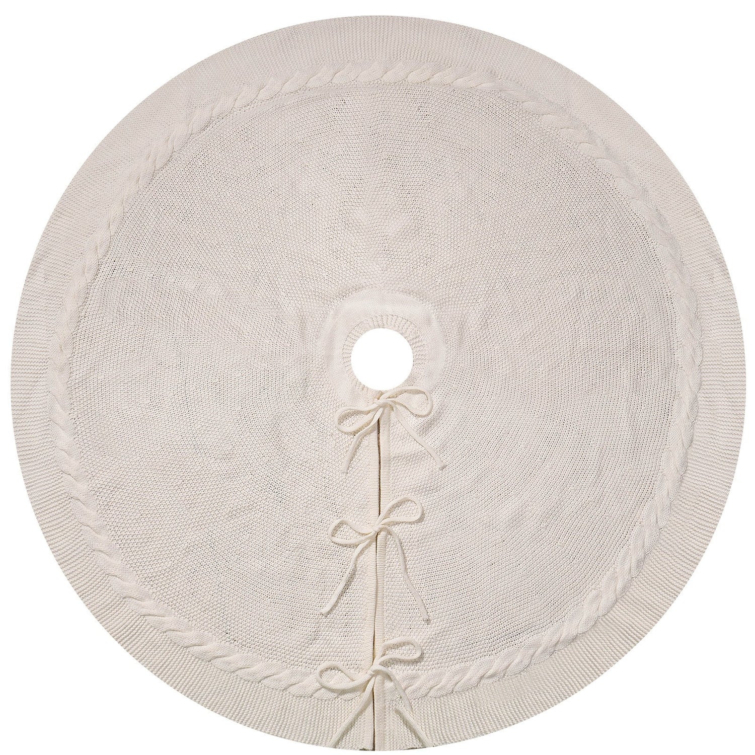 White Luxury Knit Christmas Tree Skirt with Cable-Knit Border - Rustic Holiday Decor(122cm)