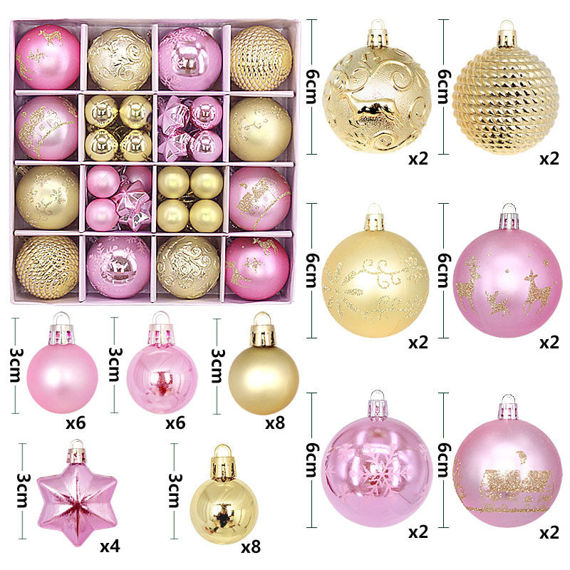 Gold and pink 44-Piece Assorted Christmas Baubles Set with Elegant Designs in Wooden Gift Box - 3-6cm Decorative Ornaments for Tree, Home & Holiday Display