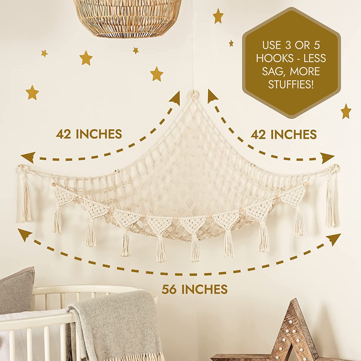 White Triangle Woven Plush Toy Corner Organizer (105x105x145cm)  with octagonal beads and installation kit - Hand-woven cotton mesh toy storage hammock