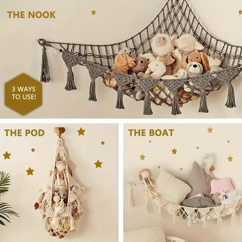 Grey Triangle Woven Plush Toy Corner Organizer (105x105x145cm)  with octagonal beads and installation kit - Hand-woven cotton mesh toy storage hammock