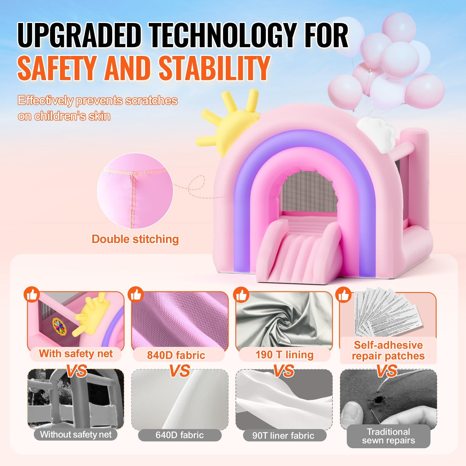 VEVOR Inflatable Bounce House, Indoor Outdoor Playhouse Trampoline, Kid Jumping Bouncer with Blower, Slide, Storage Bag, Family Backyard Bouncy Castle, for Girls Boys Ages 3_8 Years, 2.8x2.3x2.3m