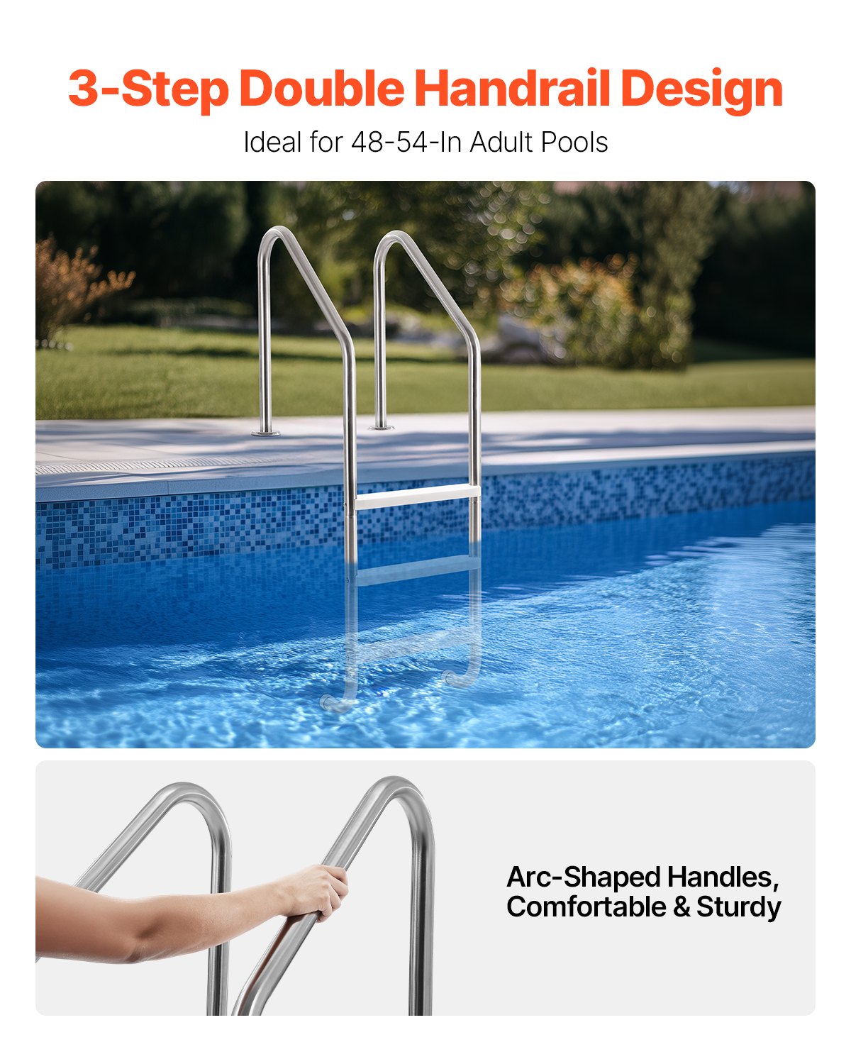 VEVOR Stainless Steel Pool Ladder 3-Step & 2 Handrails for 1219.2-1371.6 mm Pool