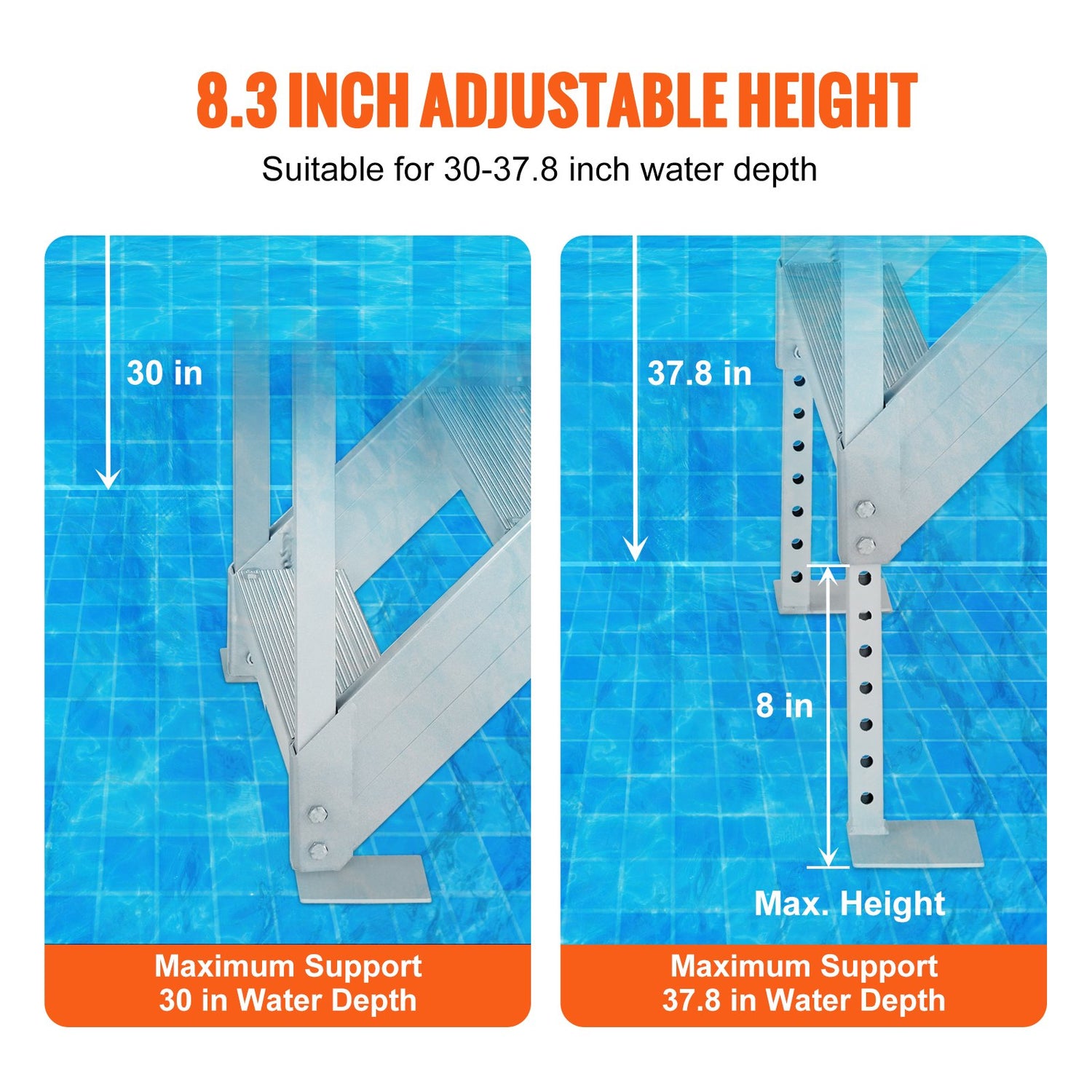 Dock Ladder 4 Step, Dock Stairs 30''-38'' Adjustable Height, 227 kgs Load Capacity, Aluminum Pontoon Boat Ladder with Dual Handrails & Nonslip Mat for Ship/Lake/Pool/Marine Boarding