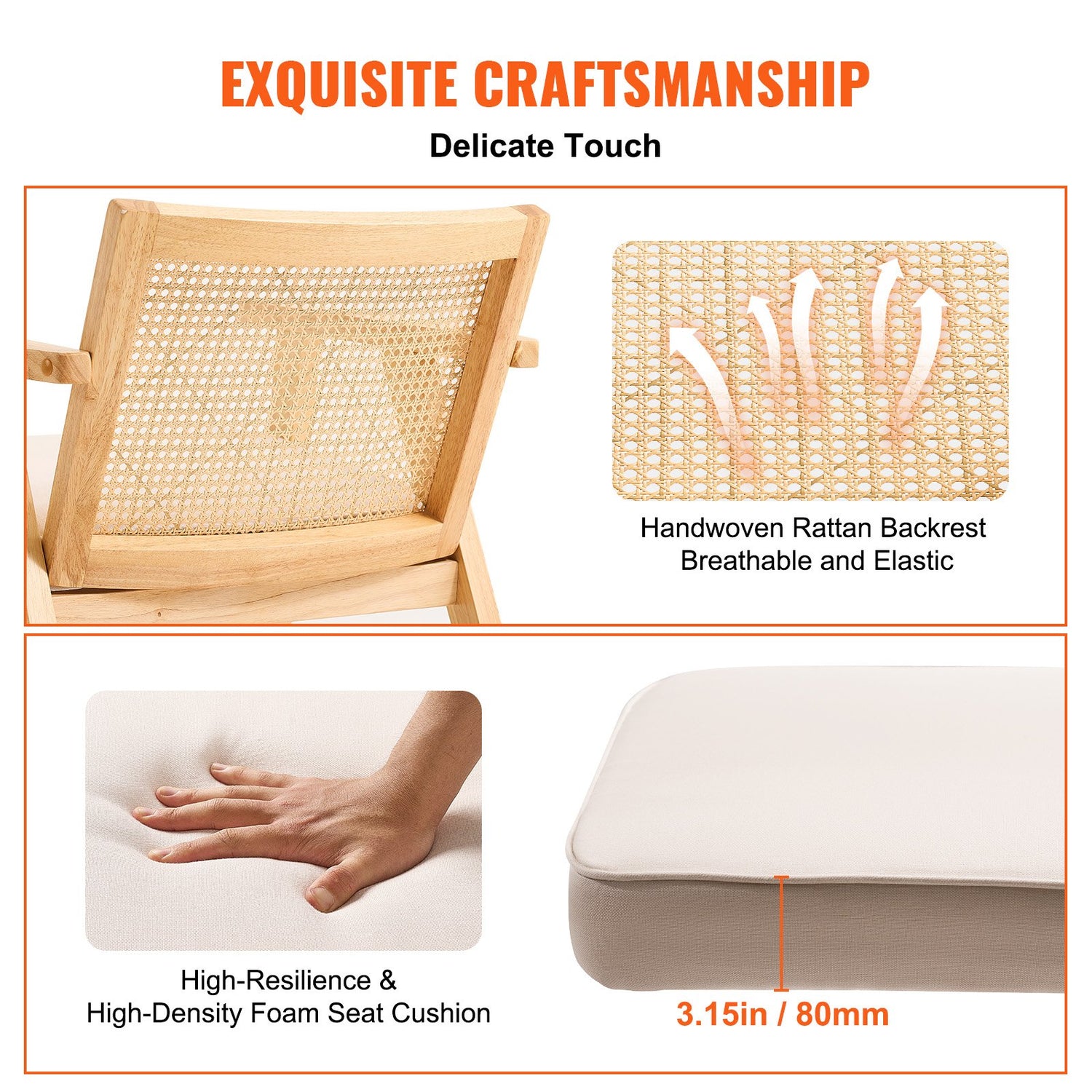 VEVOR Rattan Chair, Mid Century Modern Dining Chair with Armrest, Upholstered Chair with Rattan Back, Retro Rattan Dining Room Kitchen Chair for Living Room, Bedroom, Reading Room, and Office, Beige