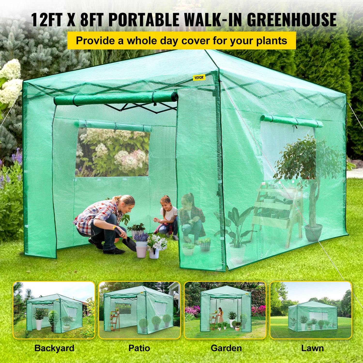 VEVOR 12\'x 8\'x 8\' Pop-Up Greenhouse, Set Up in Minutes, Portable Greenhouse with Doors & Windows. High Strength PE Cover & Powder-Coated Steel Construction