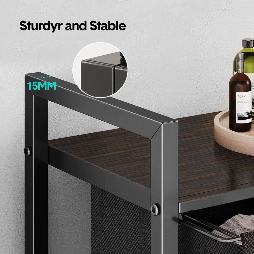 Laundry Hamper Basket Metal Laundry Organizer with MDF Shelf and 2 Waterproof Pull-Out Removable Dirty Clothes Bags for Laundry Room Bedroom Bathroom Dorm